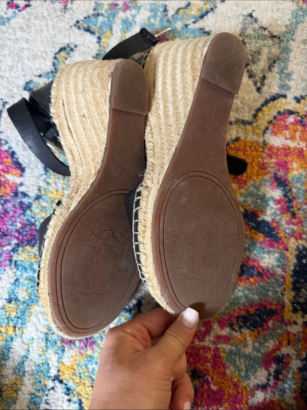 Vince Camuto Black Leather Espadrille Wedge Sandals with Ankle Strap
